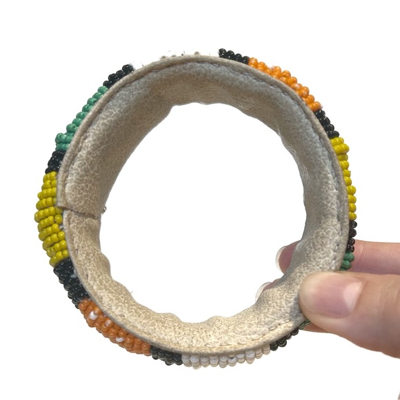 Handmade African Beaded Bracelet Bangle Green Yellow Orange White Black Leather - Picture 6 of 10